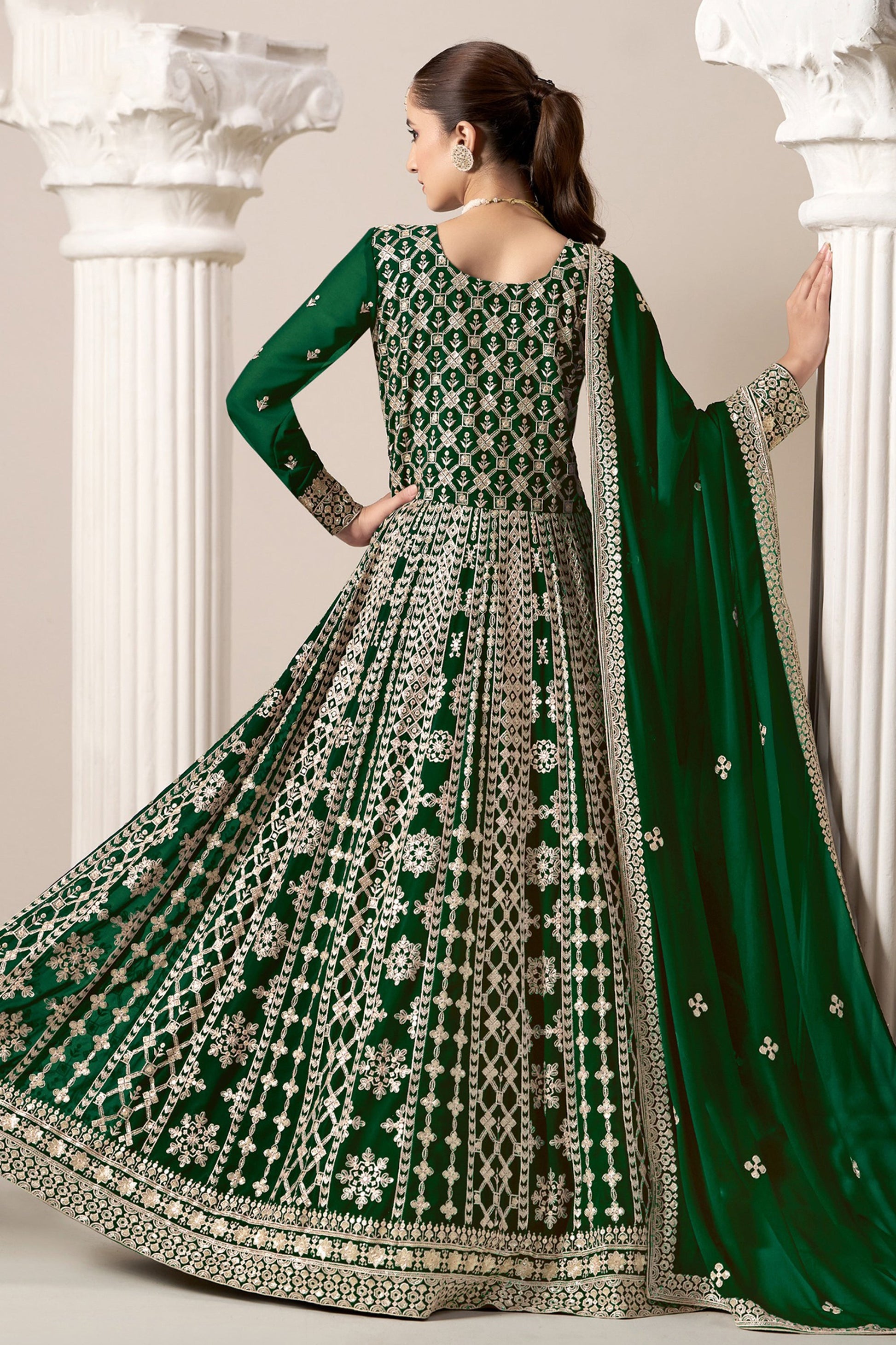 Green Anarkali Suit Embroidery Worked Dupatta Suit for USA Women's