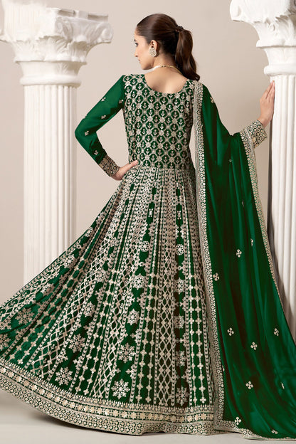 Green Anarkali Suit Embroidery Worked Dupatta Suit for USA Women's