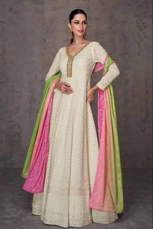 Pale Beige Anarkali Gown With Dupatta For Evening Parties And Weddings