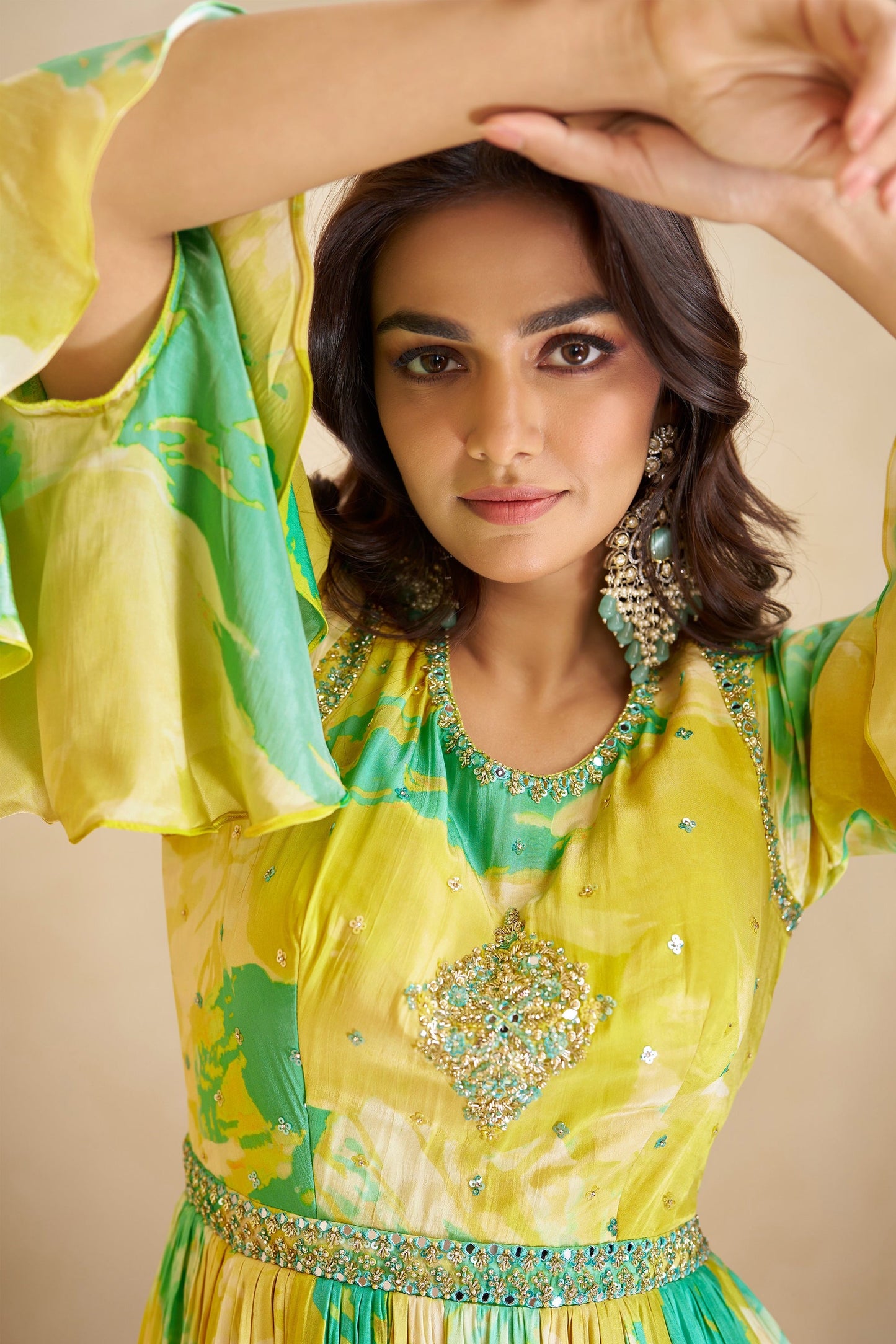 Yellow Anarkali Suit Chinon Silk Short Flower Printed With Net Dupatta Gown