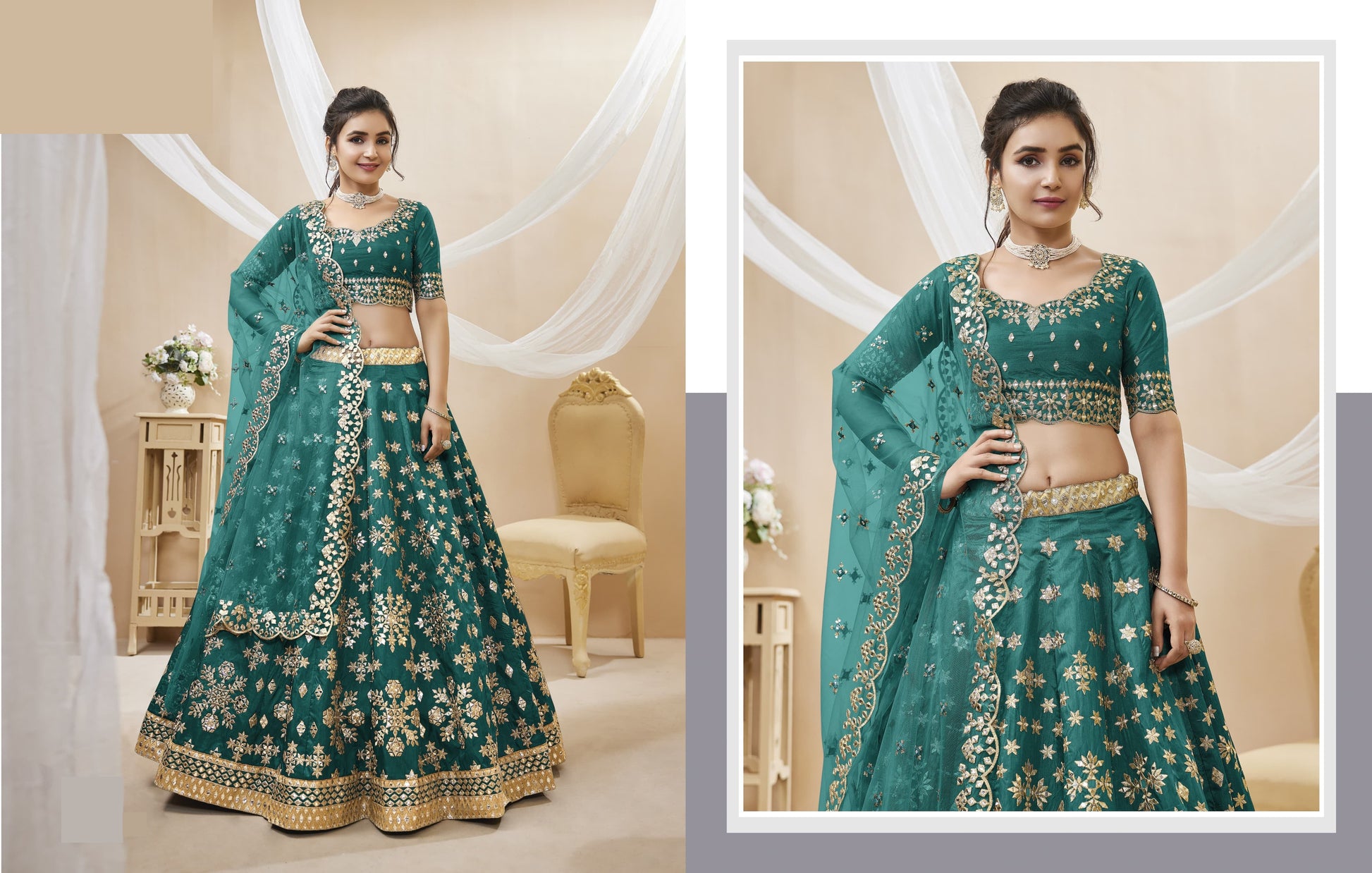 Experience bridal couture with lehengas that sparkle with intricate artistry. 
