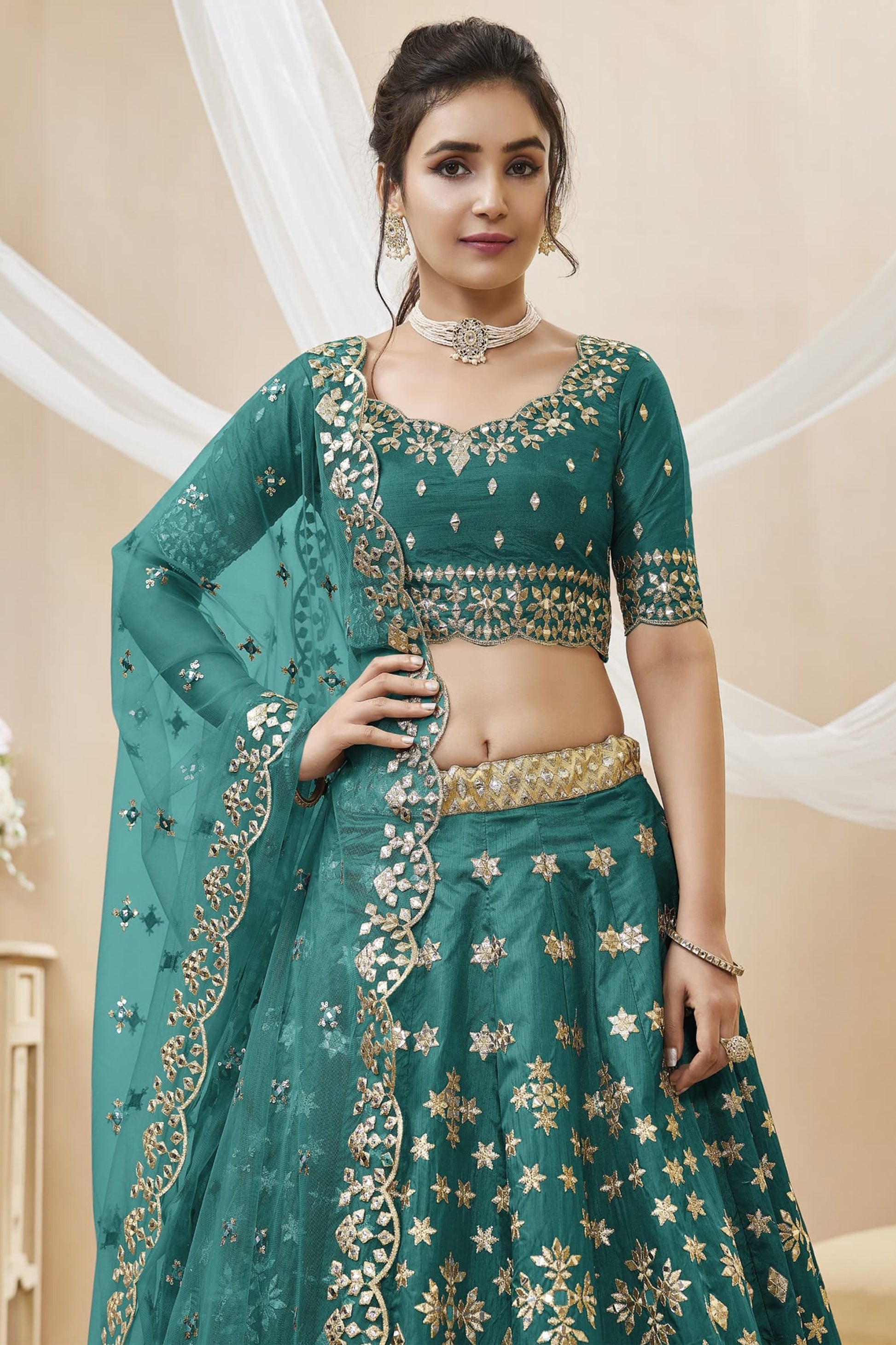 Experience bridal couture with lehengas that sparkle with intricate artistry. 