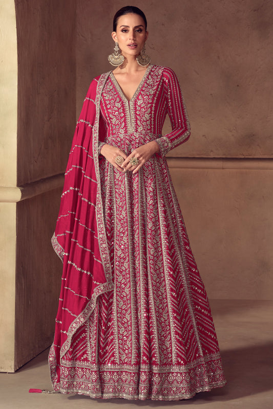 Magenta Pink Full Long Embroidery Worked Anarkali Suit For Wedding 