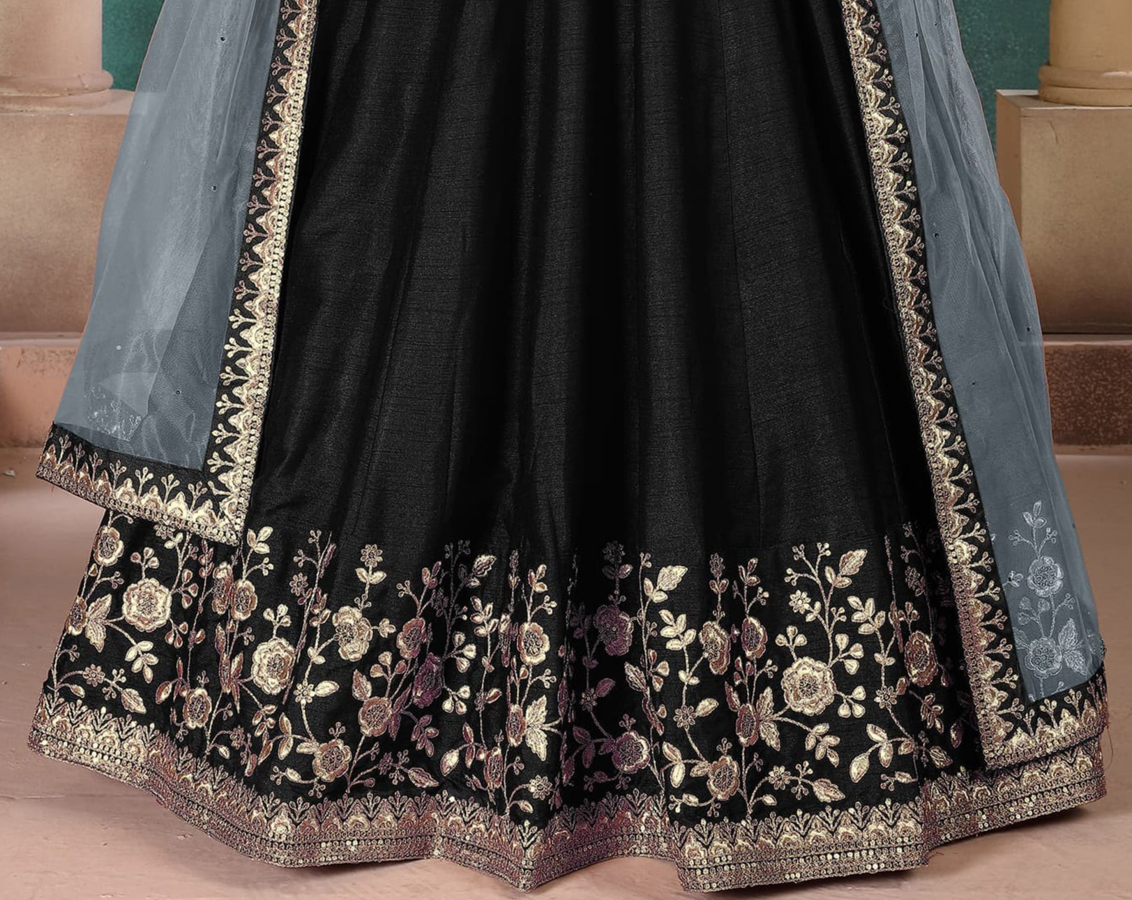 Black Designer Stitched Embroidery Worked Anarkali Gown With Net Dupatta 
