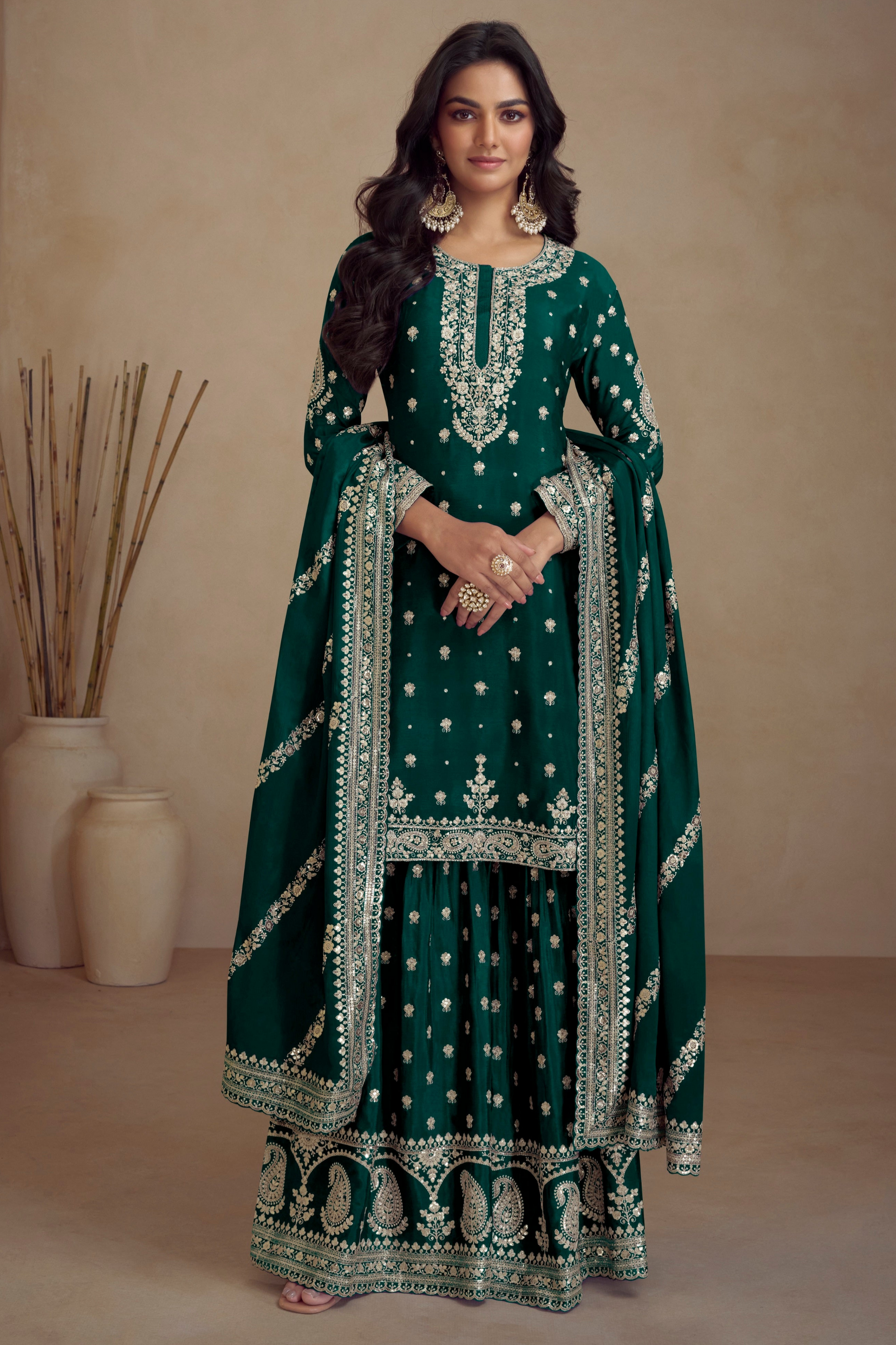 Sharara dress in dark green with embroidered detailing