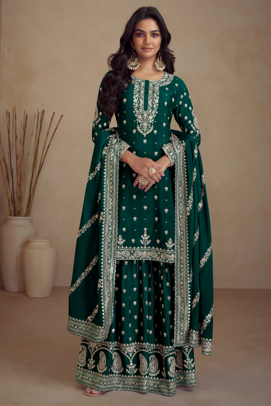 Sharara dress in dark green with embroidered detailing