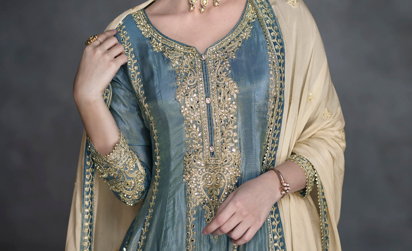 Gray Designer Embroidered Palazzo Suit 