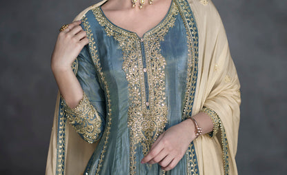 Gray Designer Embroidered Palazzo Suit 