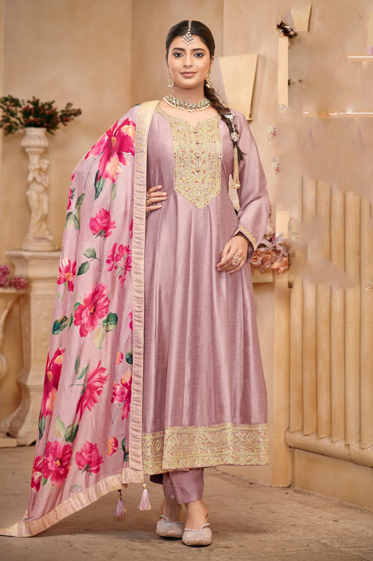 Lavender Anarkali Gown with Embroidery Worked Dupatta Suit for USA Women's