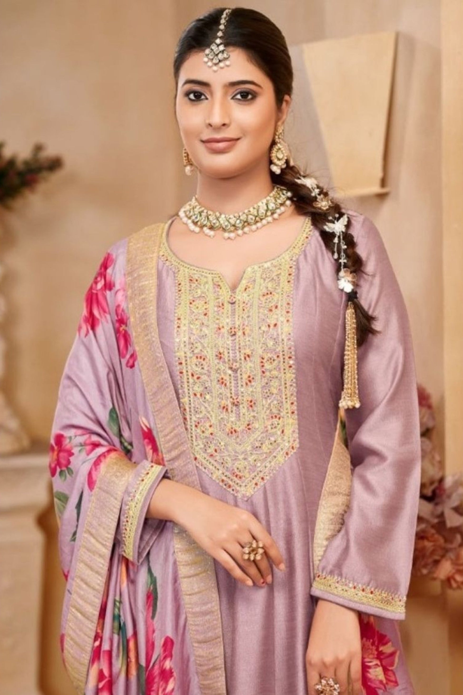 Lavender Anarkali Gown with Embroidery Worked Dupatta Suit for USA Women's