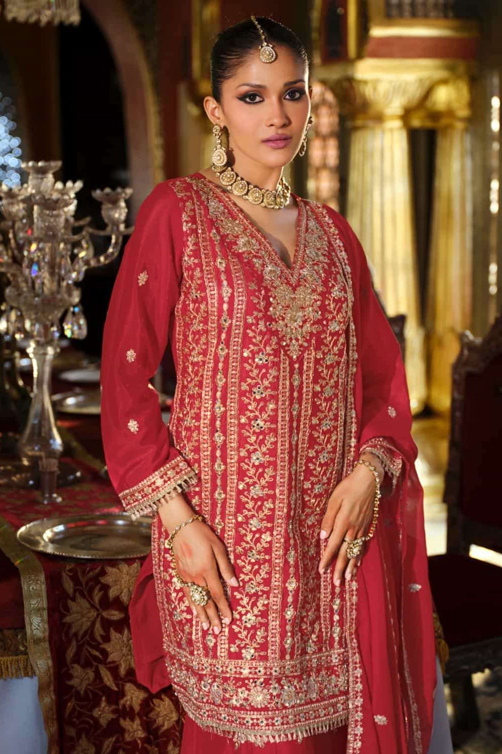 traditional red sharara suit with embroidery