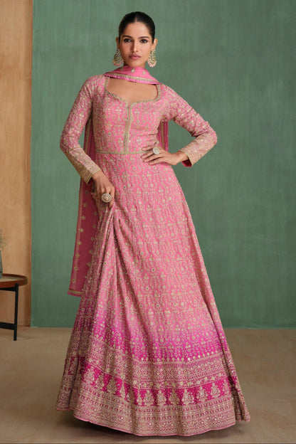 Pink Anarkali Dress With Georgette Embroidery Worked Dupatta Suit