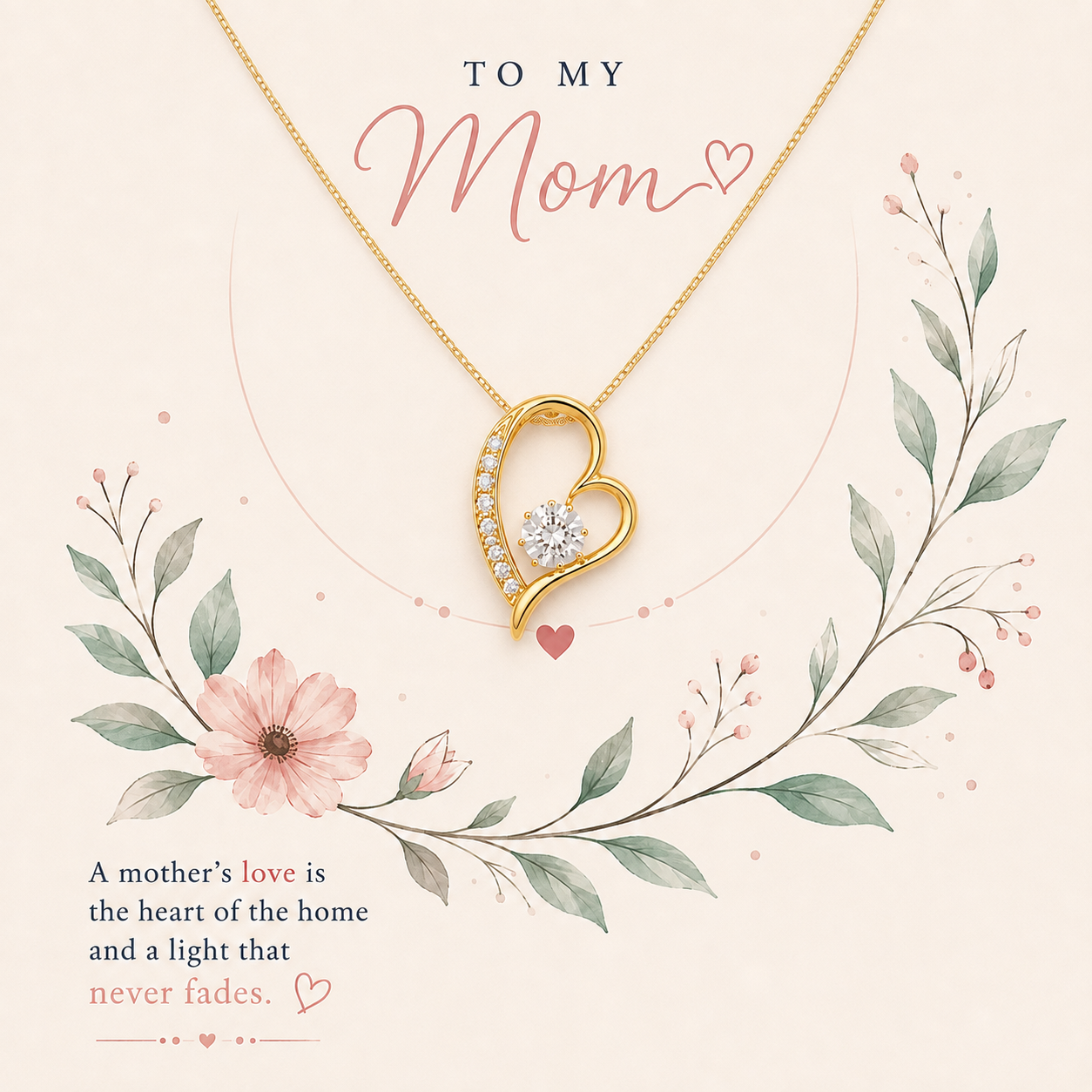 Gold heart-shaped pendant necklace with a small clear gemstone, displayed on a cream-colored card with floral illustrations and the text 'TO MY Mom' and a quote about mother's love.
