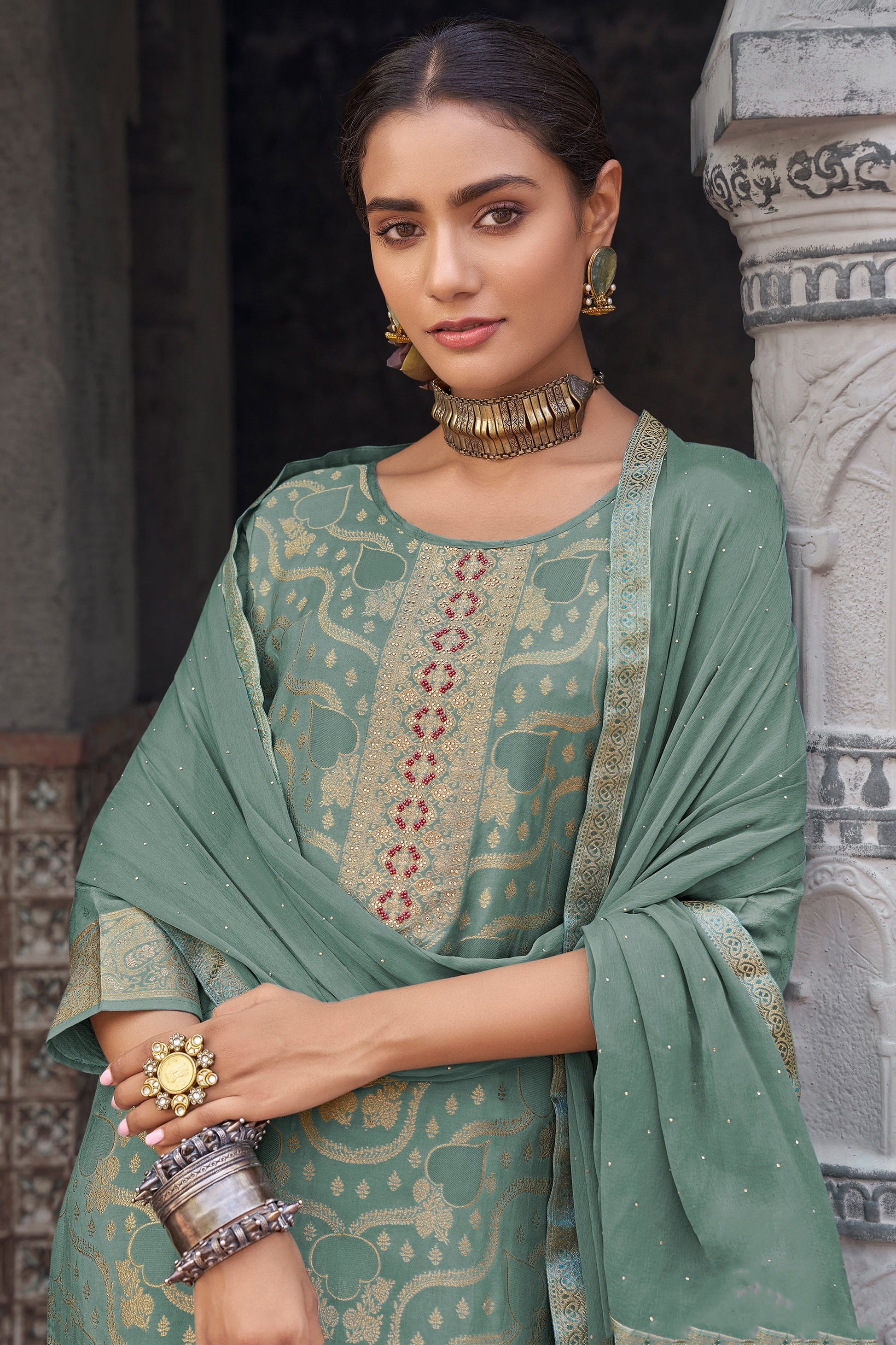 sky blue salwar kameez embroidered neck detail close-up