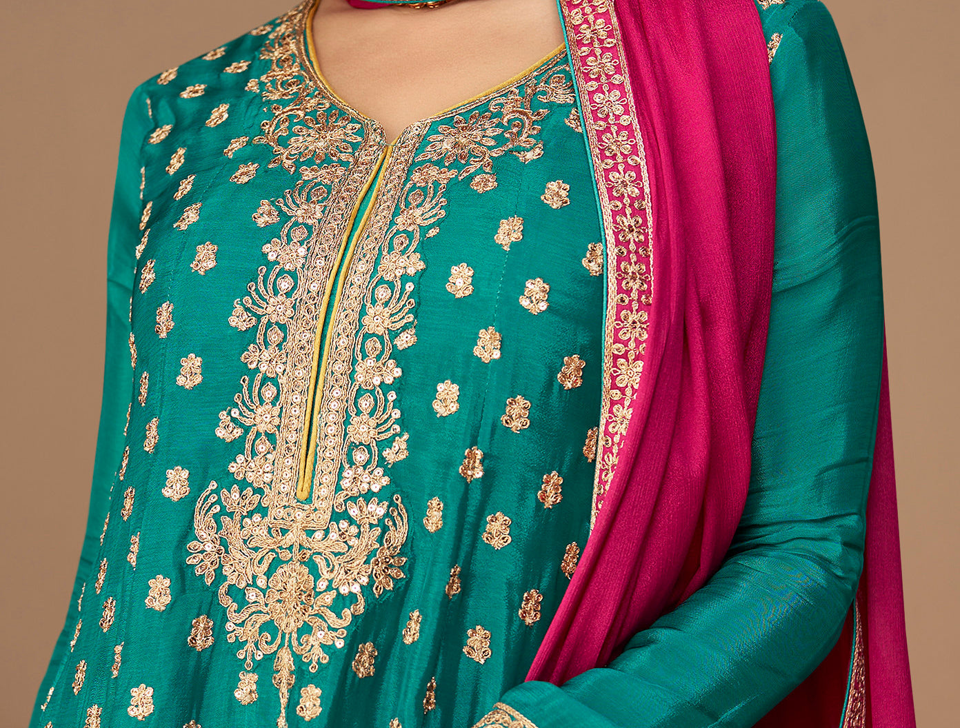 Buy Teal Chinnon Salwar Kameez Online USA, Elegant Wedding Wear Suit 