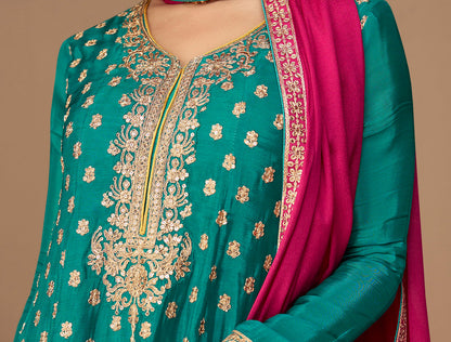 Buy Teal Chinnon Salwar Kameez Online USA, Elegant Wedding Wear Suit 