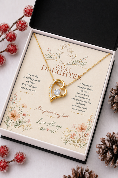 A gold heart-shaped pendant necklace with a clear rhinestone is displayed inside an open gift box on a cream card that reads 'TO MY DAUGHTER' with floral illustrations and a message. The box is styled with red berries and pinecones on a light surface.