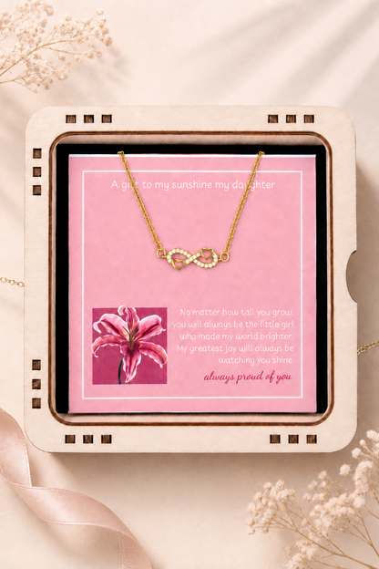To my daughter necklace presented in black gift box with pink message card
