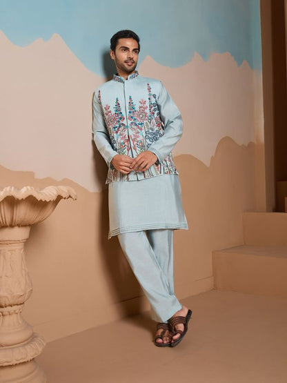 Mens Blue Kurta Pajama Close Up Fabric Texture 
