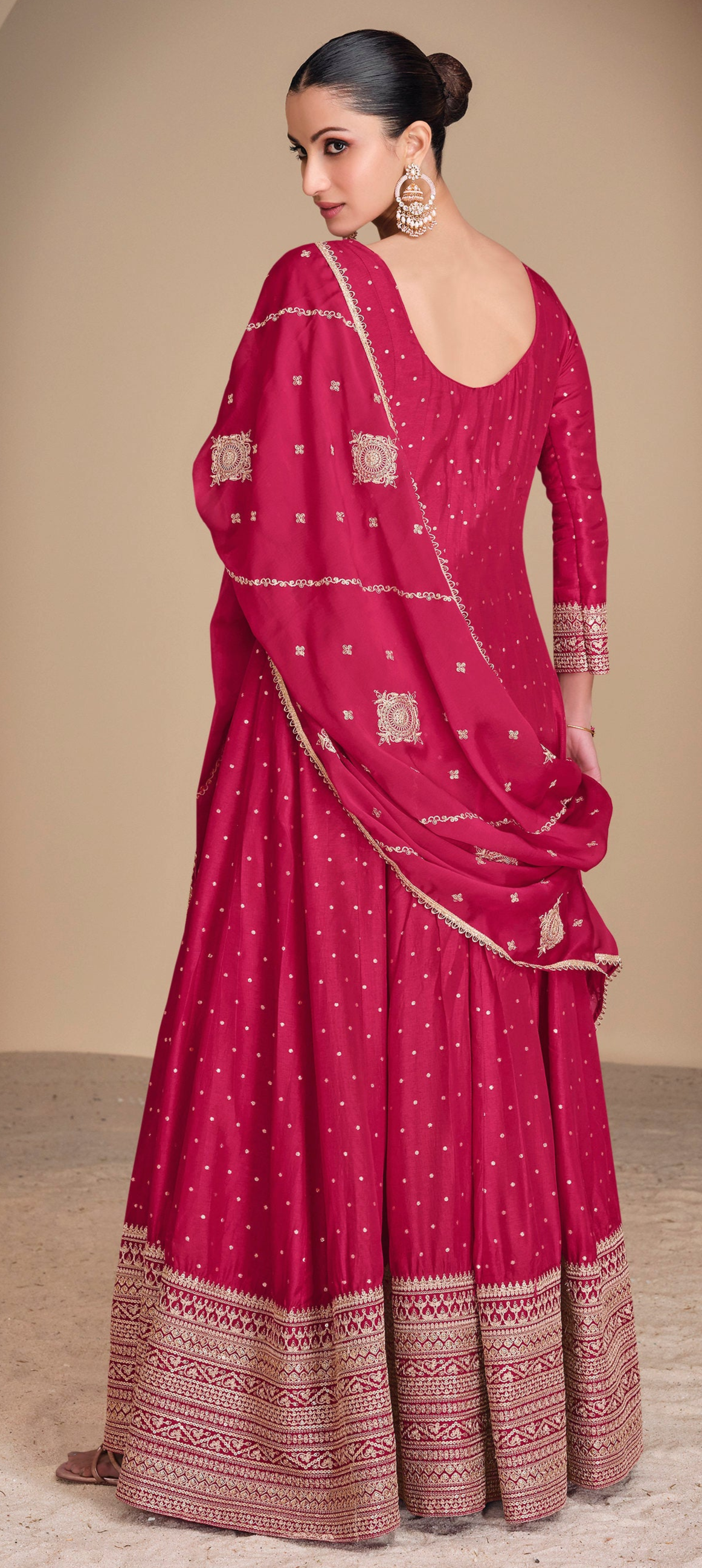 Jacquard Silk Pink Anarkali Gown With Embroidery Work Traditional Indian Wedding Dress