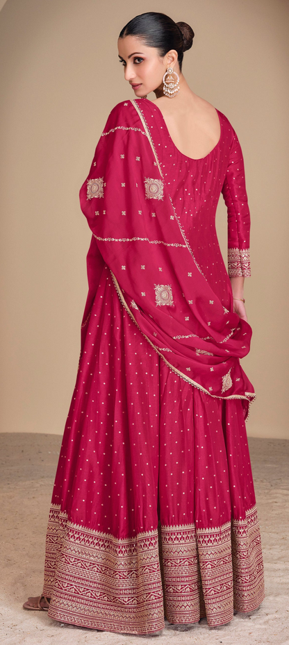 Jacquard Silk Pink Anarkali Gown With Embroidery Work Traditional Indian Wedding Dress