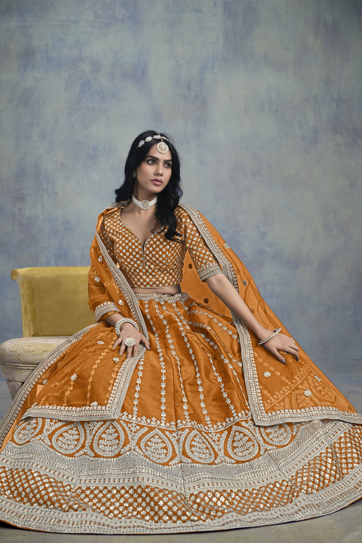 Premium Mustard Designer Art Silk Net Fabric Embroidered Lehenga Choli
