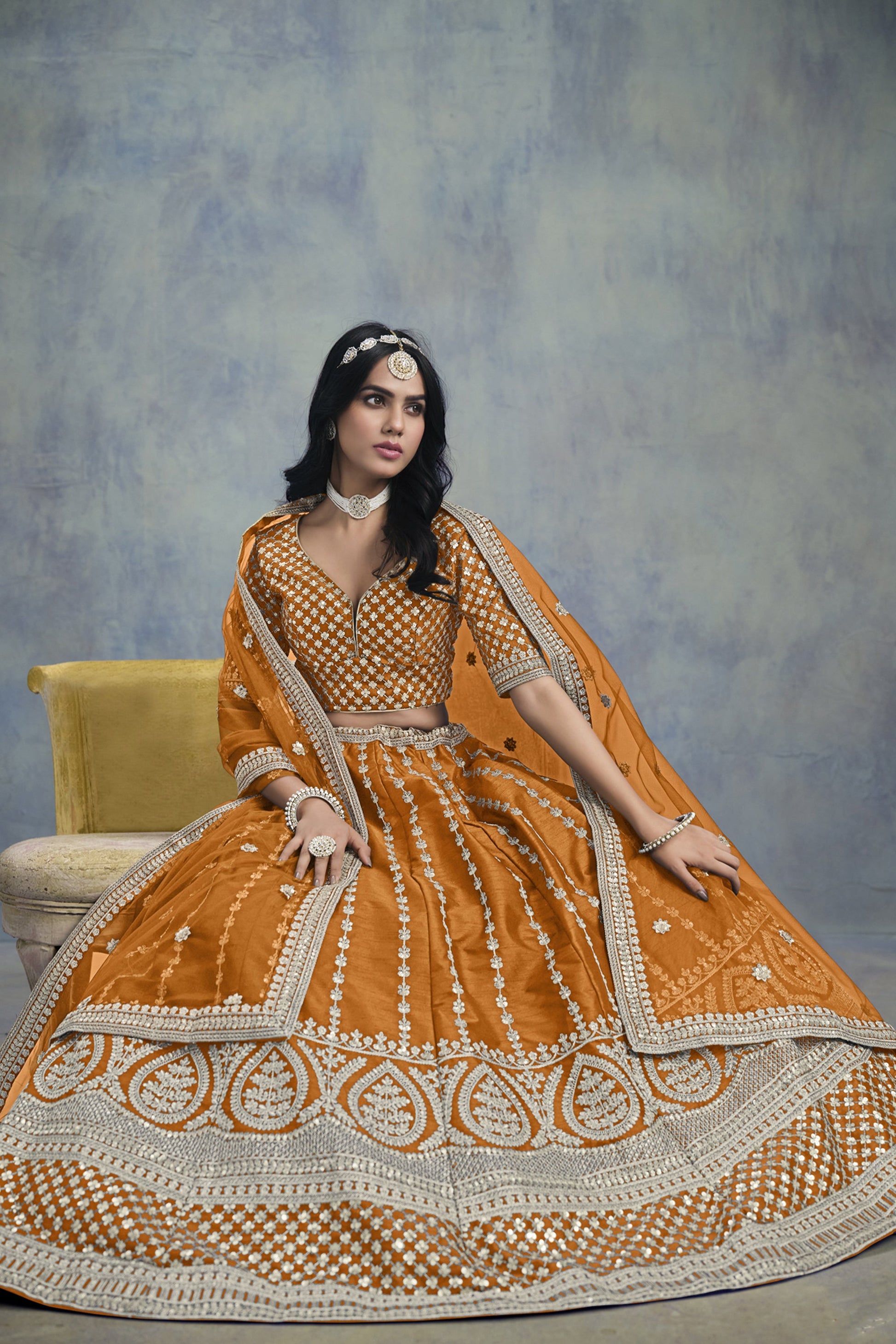 Premium Mustard Designer Art Silk Net Fabric Embroidered Lehenga Choli
