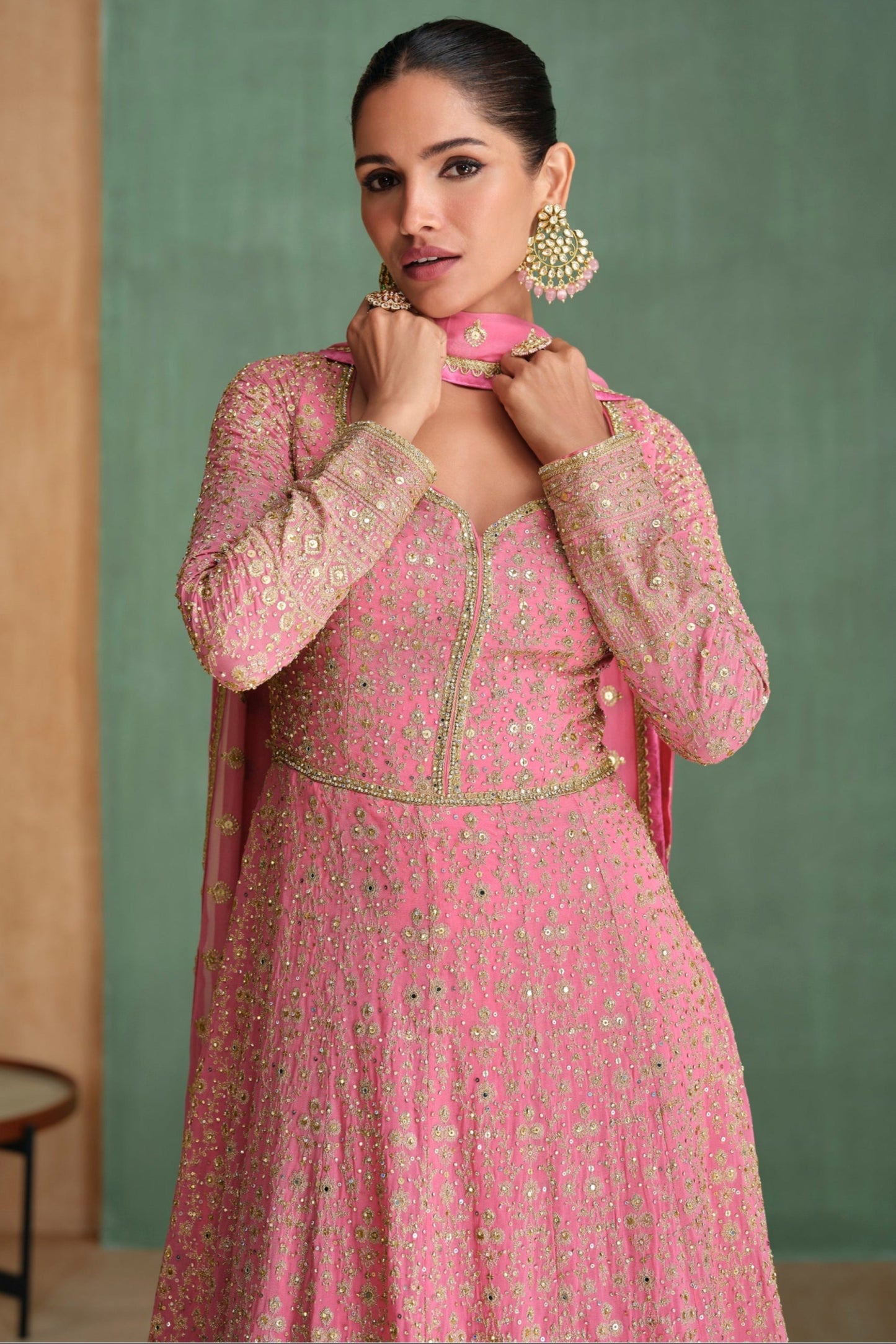 Pink Anarkali Dress With Georgette Embroidery Worked Dupatta Suit
