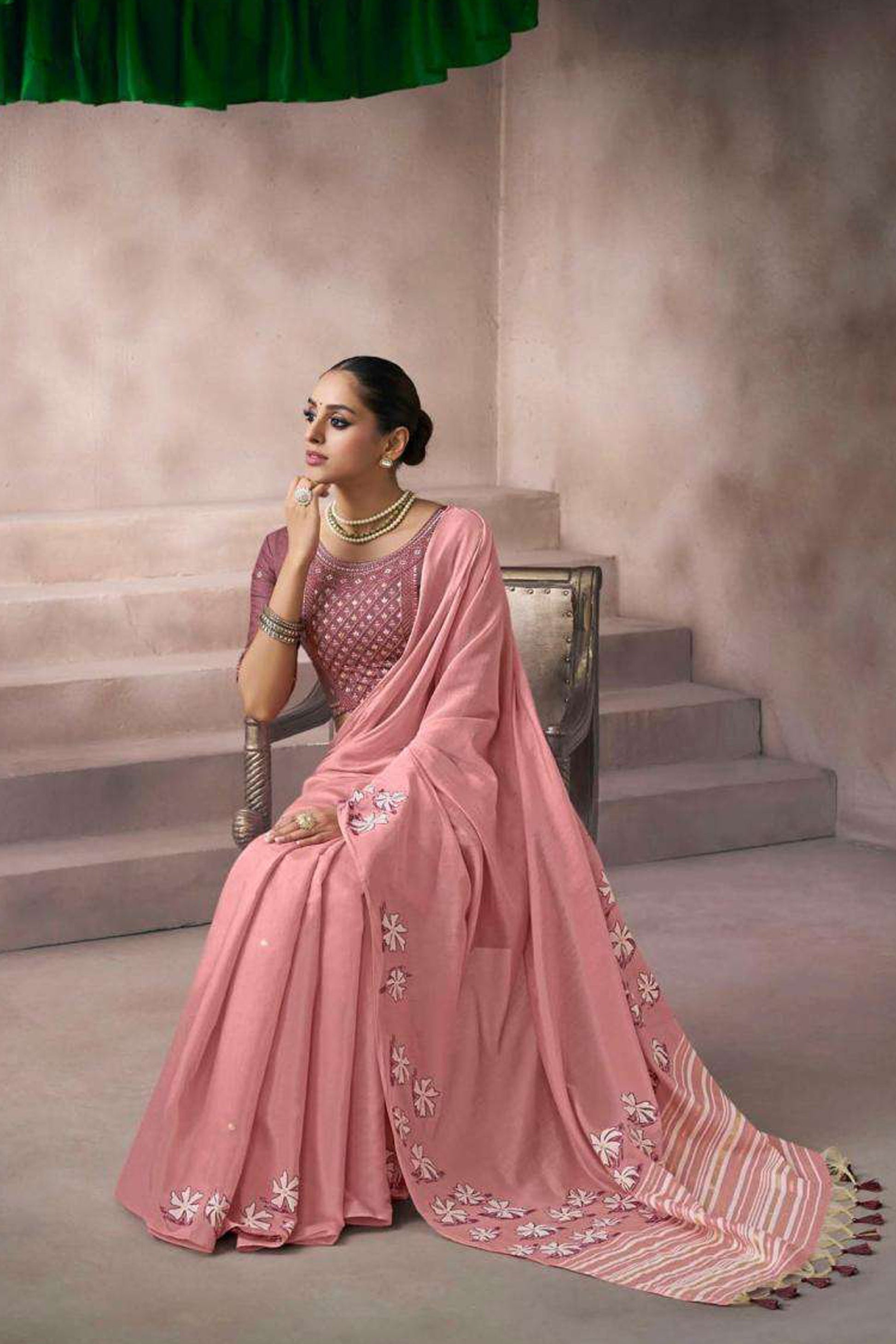 Pink Saree With Blouse Back View - Ready To Wear Traditional Outfit USA