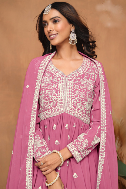Close up of embroidery work on pink sharara outfit