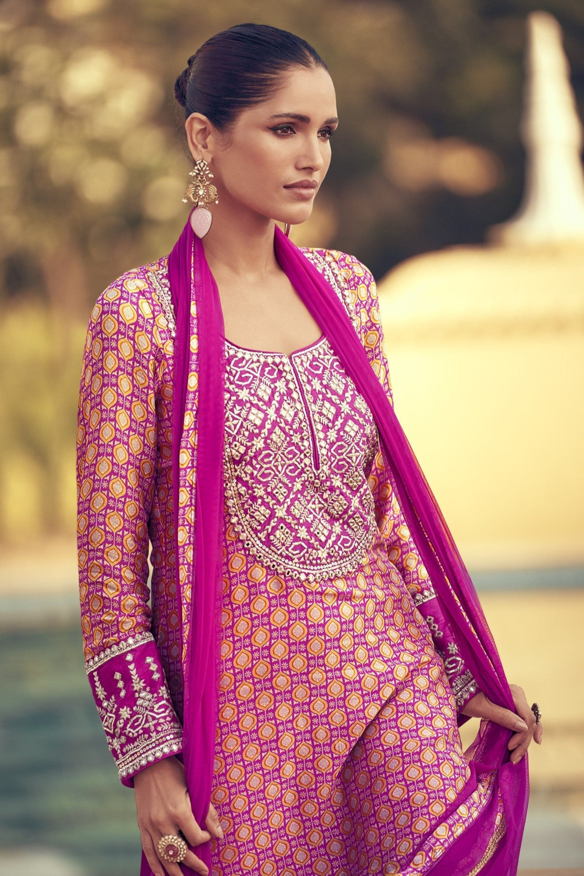 chinon silk sharara outfit sleeve embroidery detail