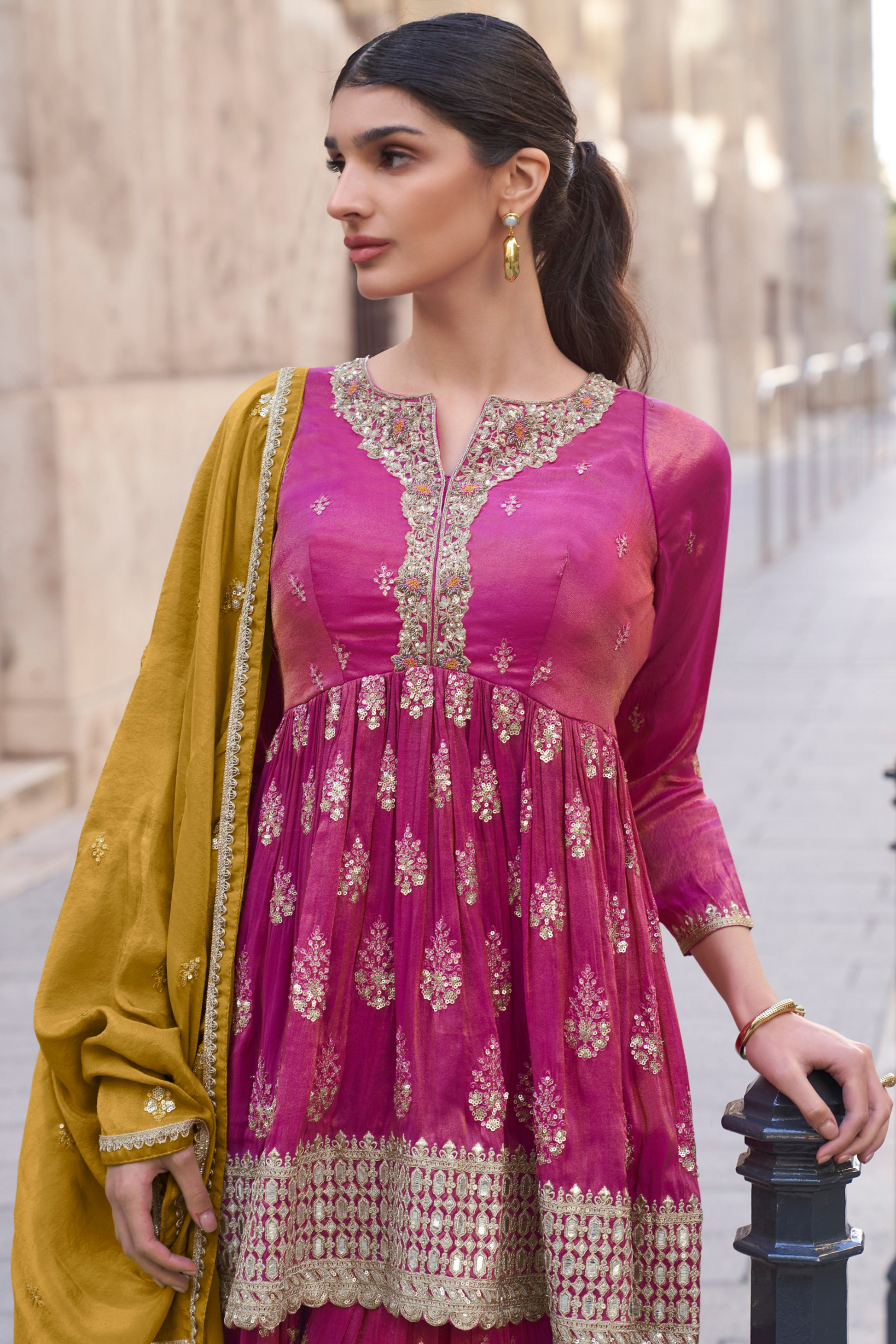 Chinon silk sharara with detailed embroidery close up With Free Duppata