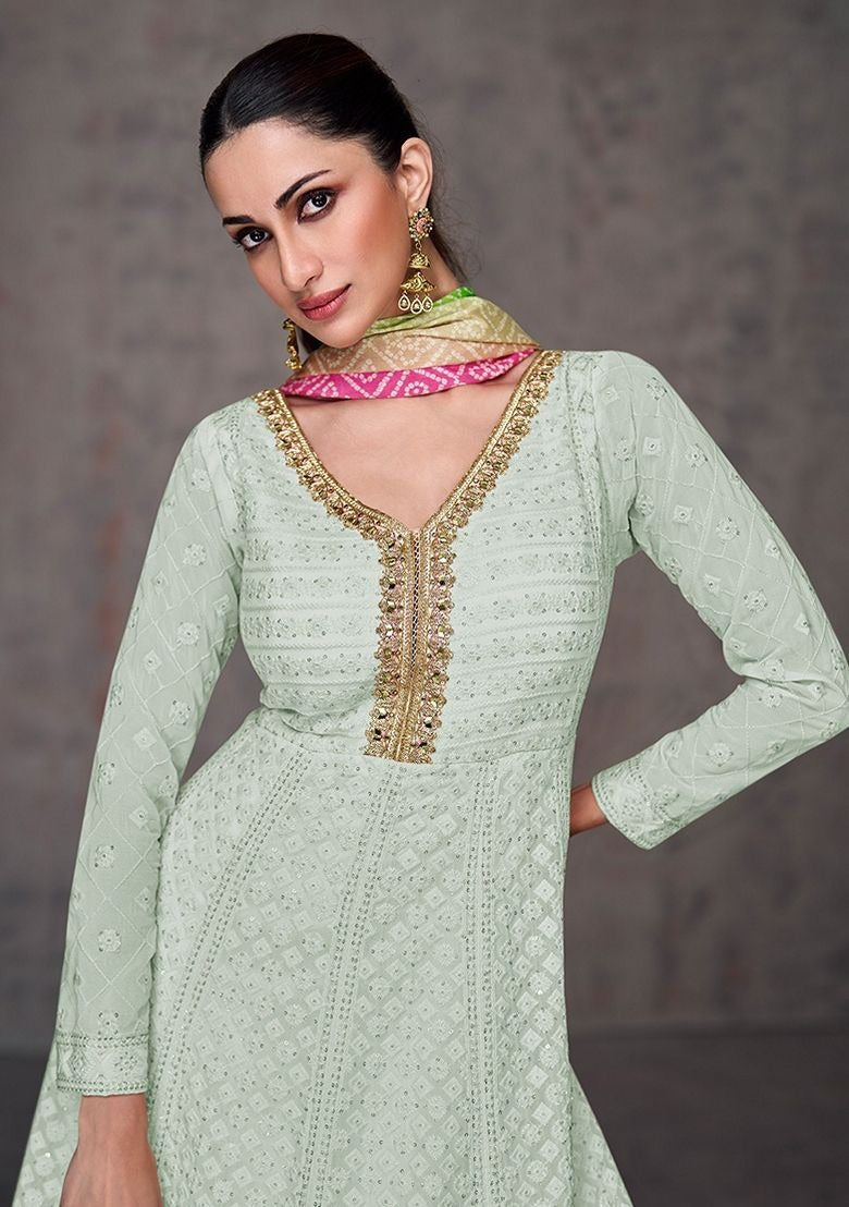 Sky Blue Anarkali Gown Stitched Party Wear Dupatta Suit for Canada Women's 