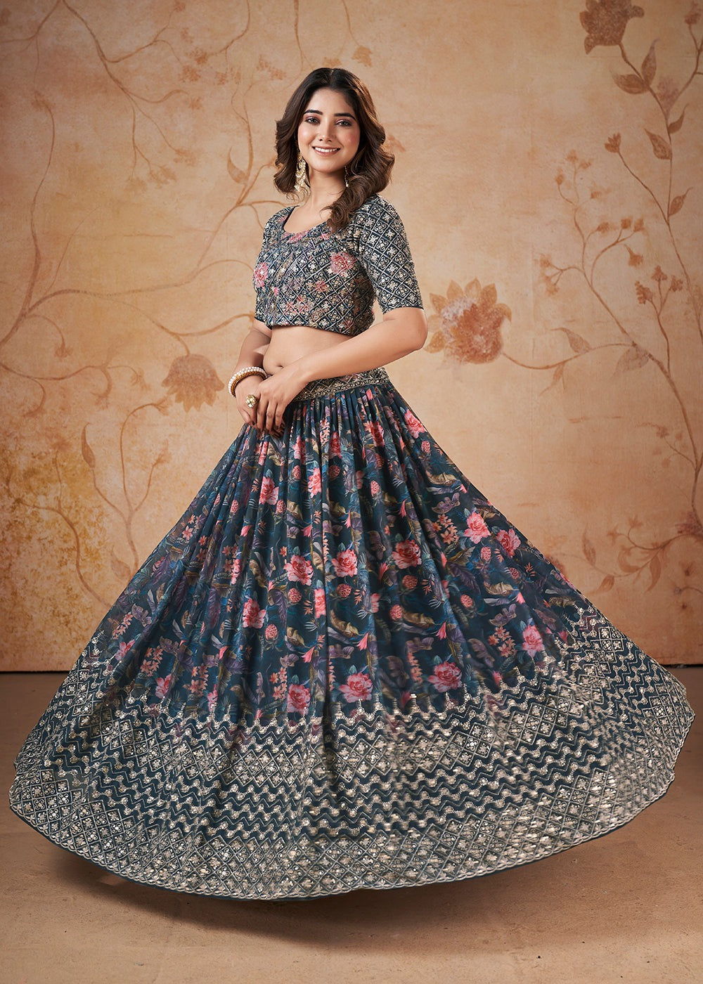 Ethnic Designer Blue Floral Designer Lehenga Choli With Dupatta