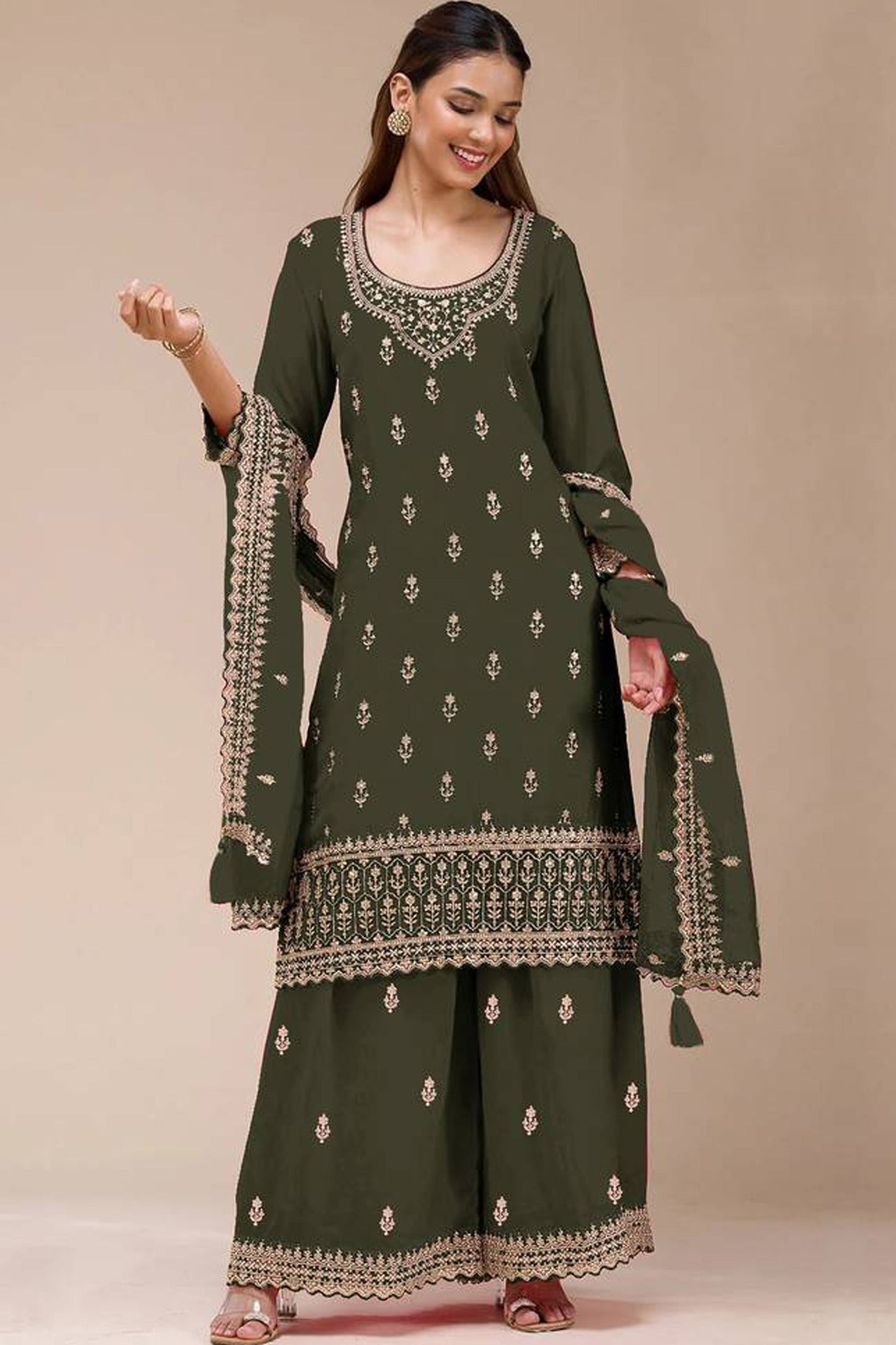 Dark Green Embroidered Palazzo Salwar Kameez Suit With Dupatta For Weddings 
