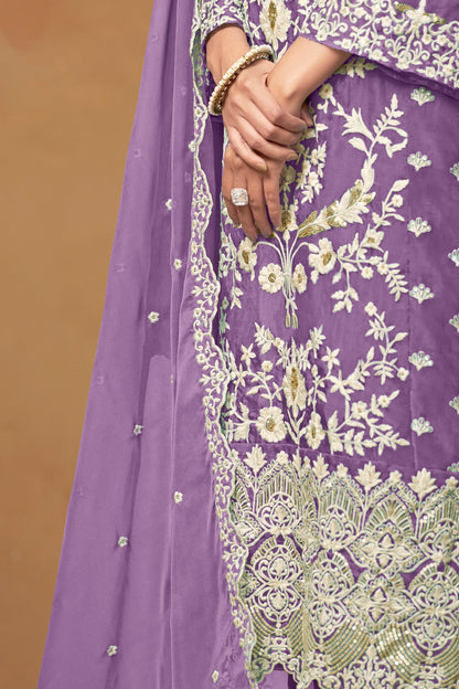 Lavender Organza Salwar Kameez Suit With Matching Dupatta For Weddings And Functions