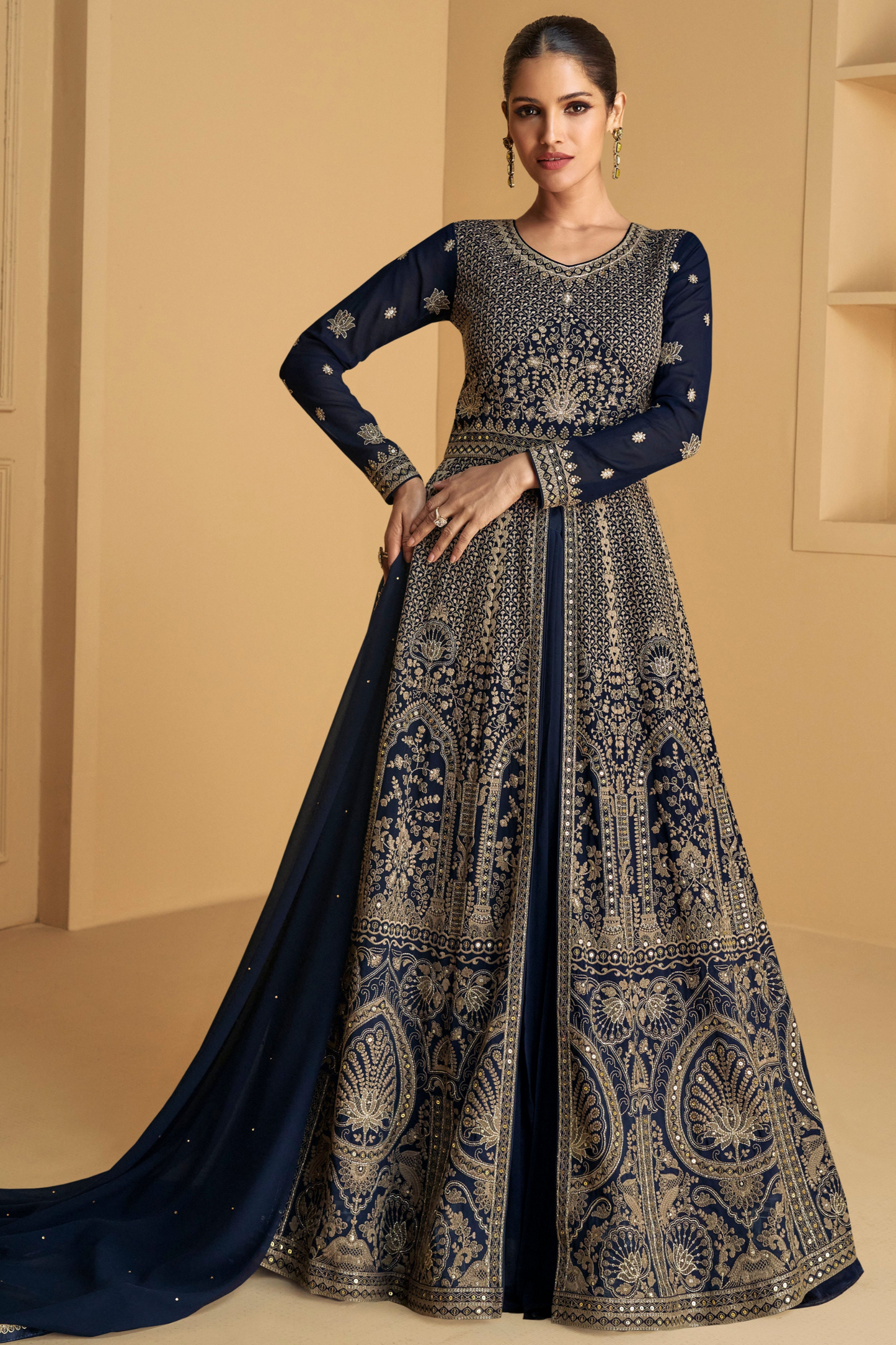 Anarkali Indian Dressesâ€‹ Navy Blue Embroidered Worked Gown For Women's Wear