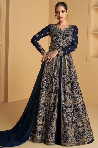 Anarkali Indian Dressesâ€‹ Navy Blue Embroidered Worked Gown For Women's Wear
