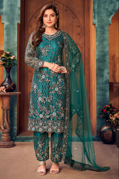 Satin salwar pants texture in teal outfit