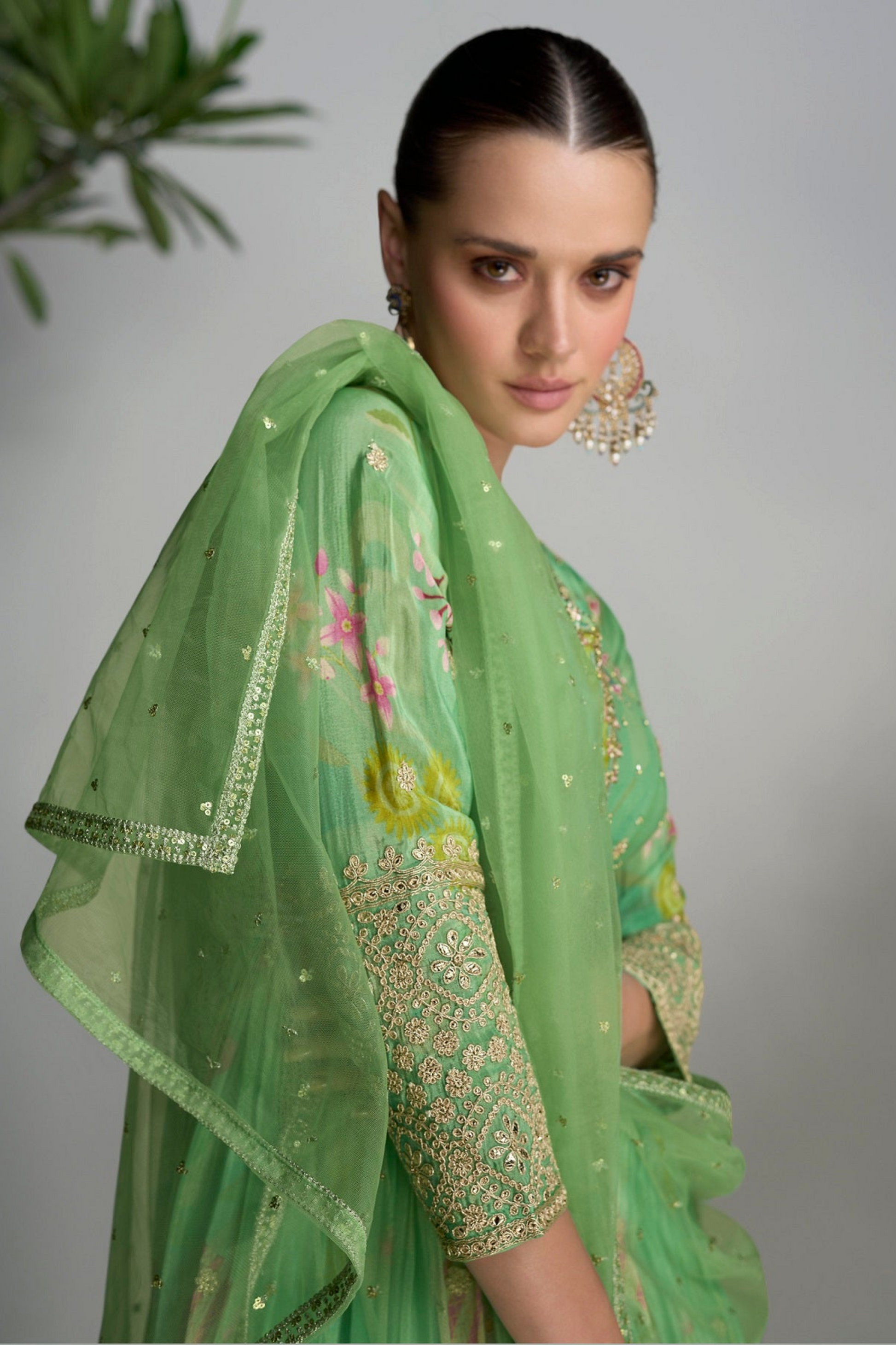 Reception Party Wear Stylish Stitched Long Chinon Silk Green Anarkali Dress