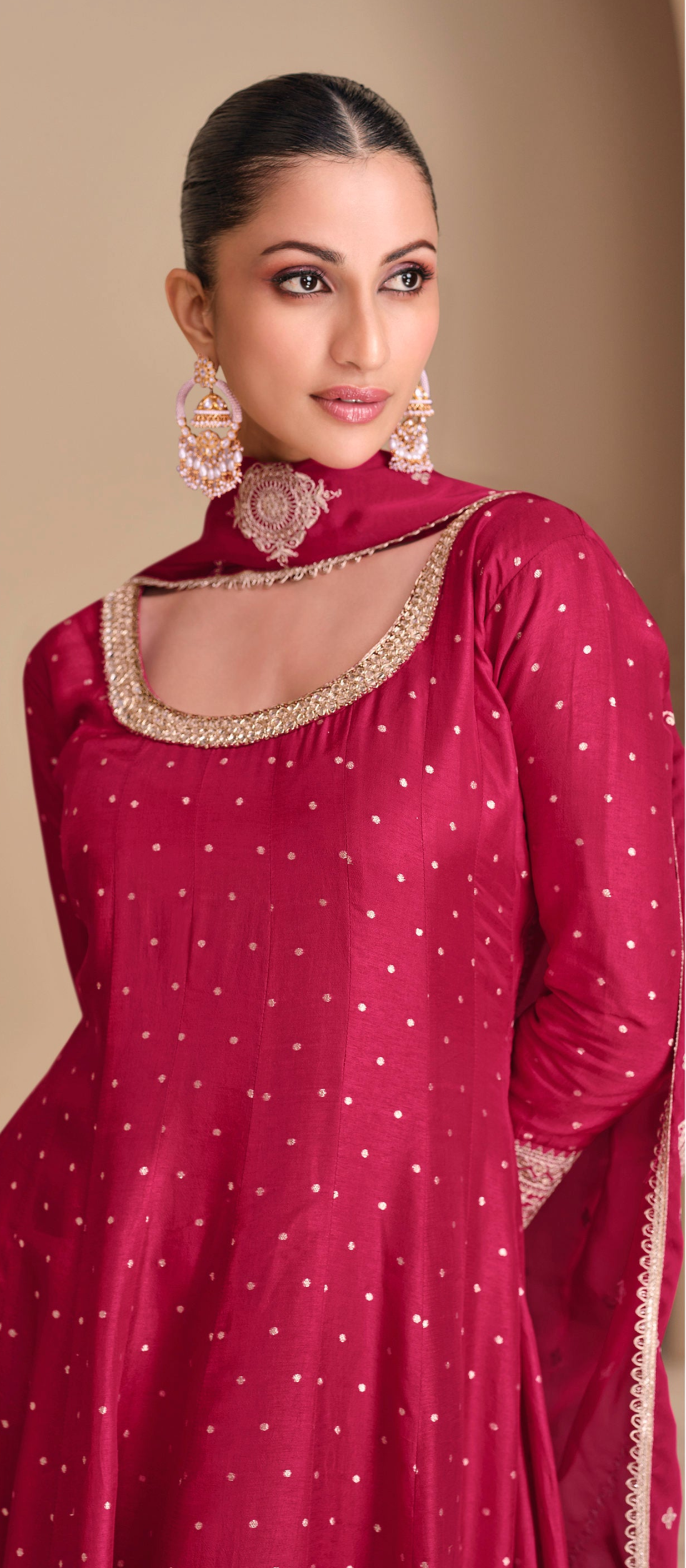 Jacquard Silk Pink Anarkali Gown With Embroidery Work Traditional Indian Wedding Dress