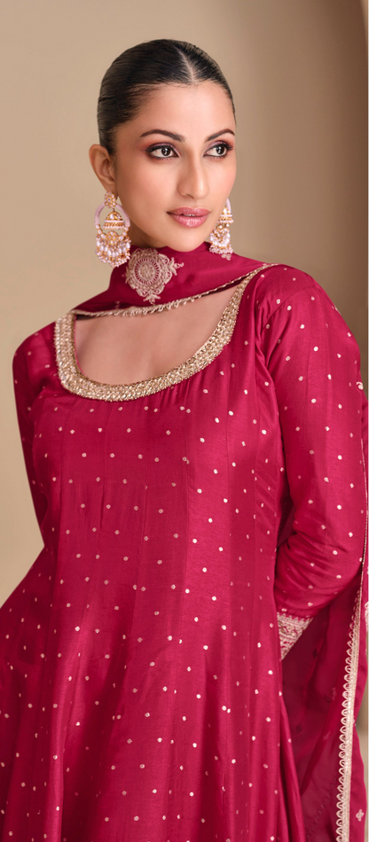Jacquard Silk Pink Anarkali Gown With Embroidery Work Traditional Indian Wedding Dress