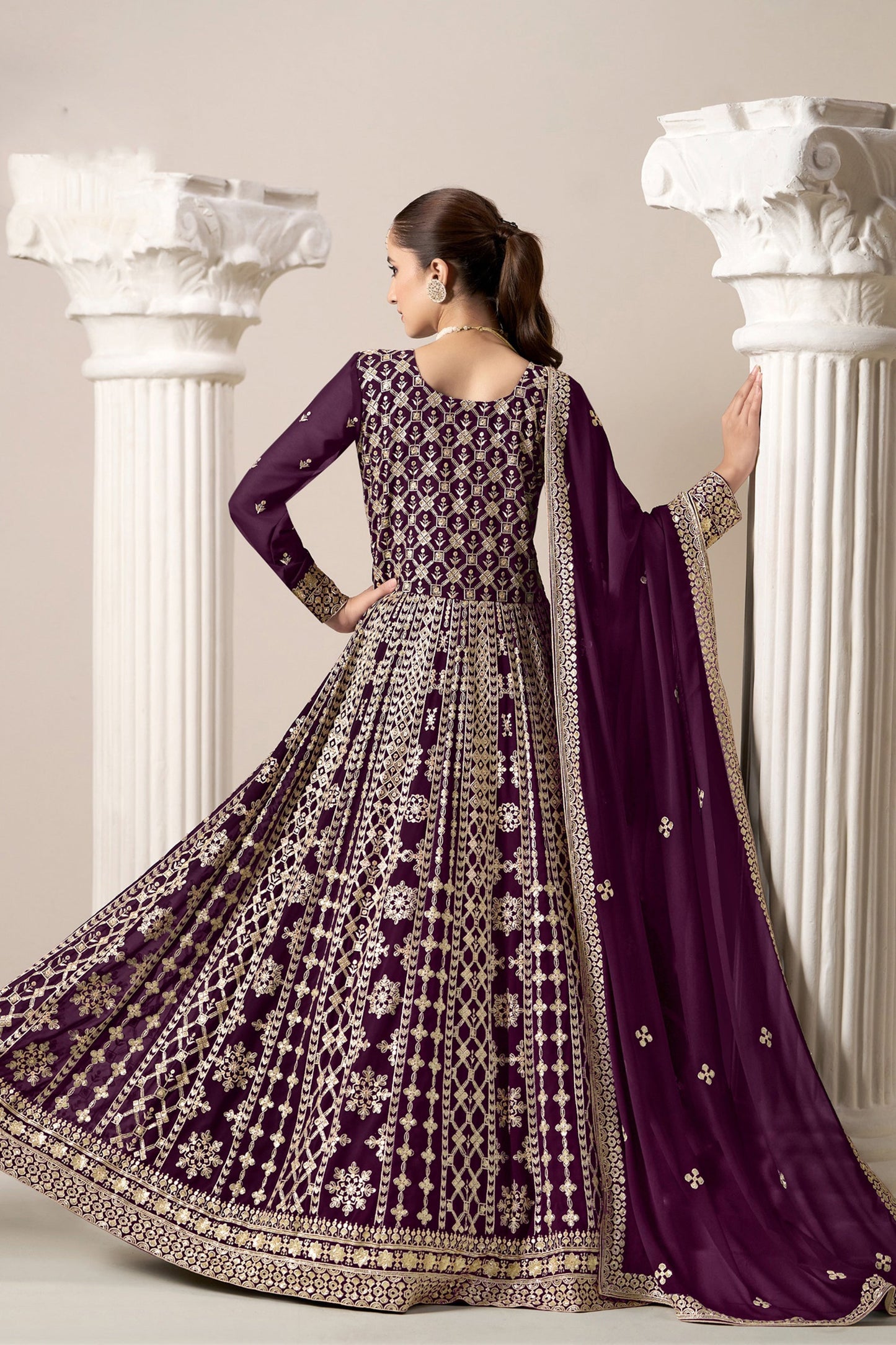 Wine Anarkali Gown With Dupatta For Indian Wedding Party Wear Suit