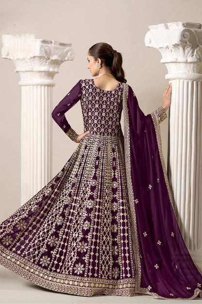 Wine Anarkali Gown With Dupatta For Indian Wedding Party Wear Suit