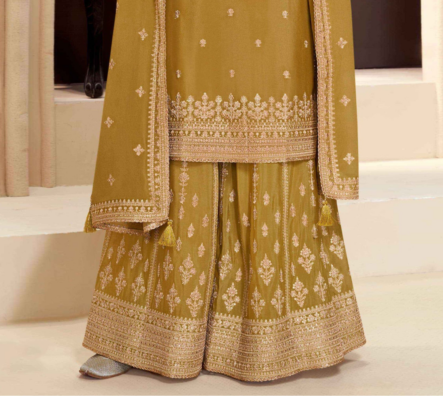 Designer Sharara-Plazzo Suit For Pakistani Wedding - Yellow Embroidered Ethnic Dress