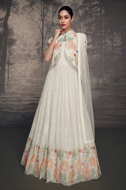 White Georgette Full Flared Long Real Georgette Indian Dress Anarkali Suit With Dupatta