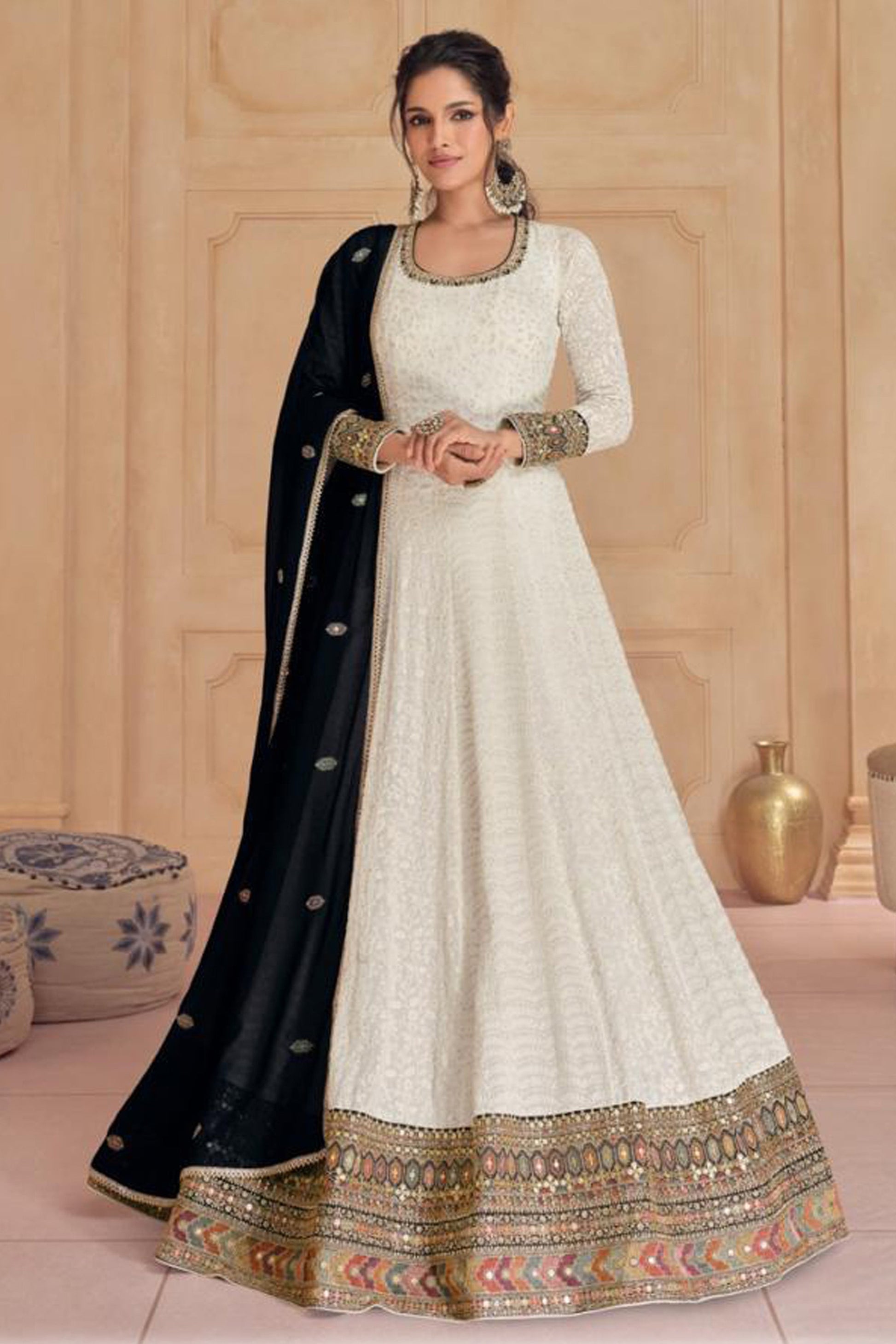 White Embroidered Anarkali Suit Heavy Faux Georgette With Heavy Dupatta For Wedding 