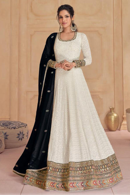 White Embroidered Anarkali Suit Heavy Faux Georgette With Heavy Dupatta For Wedding 