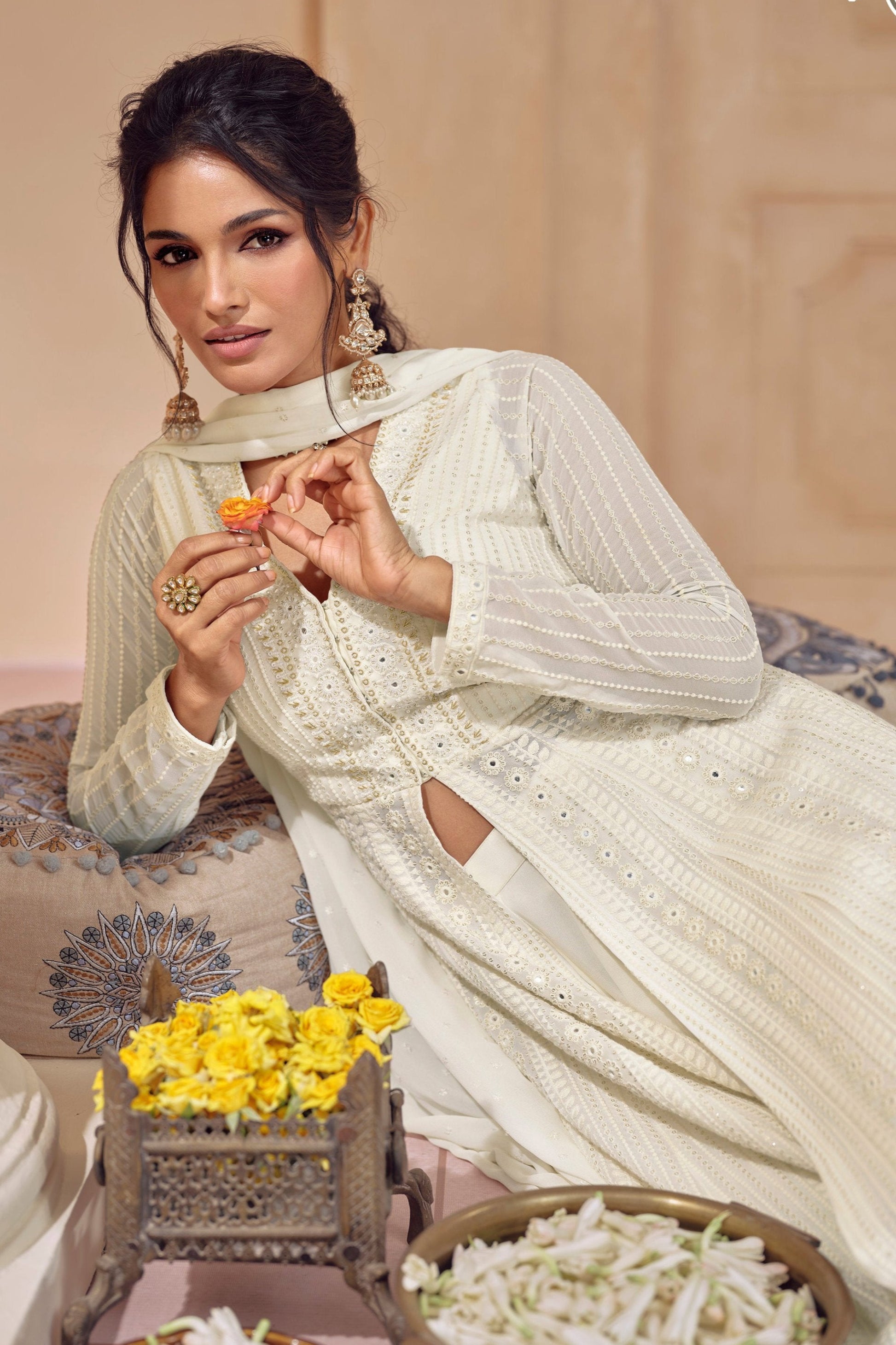 White Anarkali Gown Suits For Eid-Ramadan Special Dupatta Dress