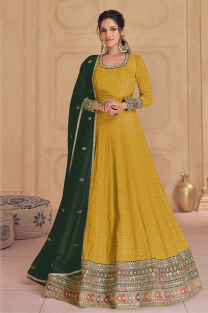 Yellow Anarkali Gown Designer Function Party Wear Dupatta Suit for Her